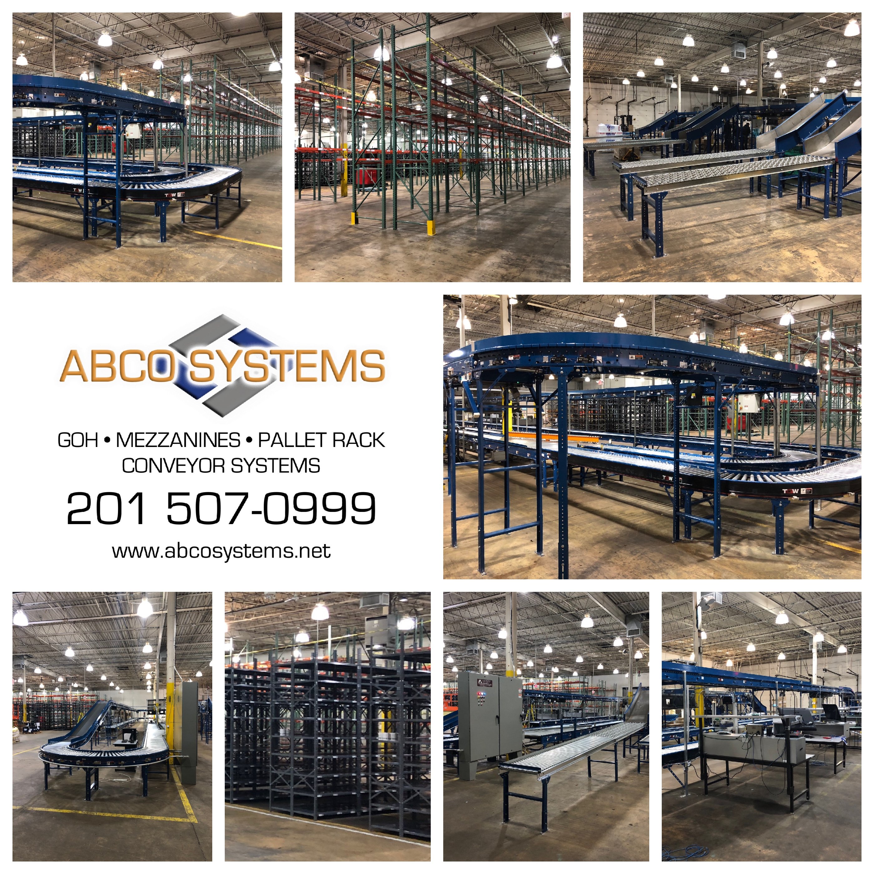 gallery of 8 photos displaying ABCO Systems warehouse design, pallet rack distributor, shelving, and conveyor belt systems